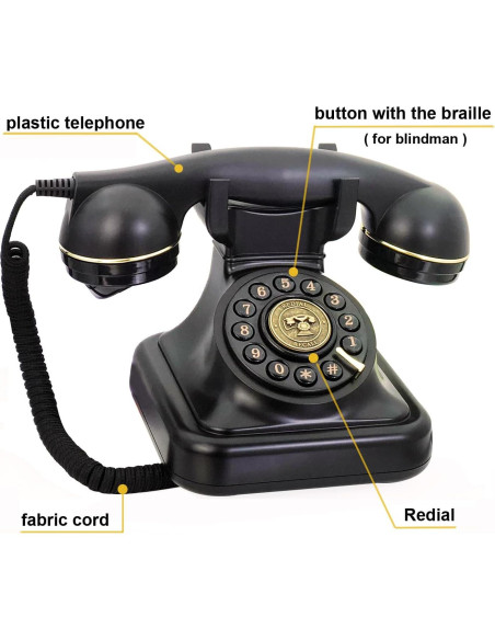 Teléfono Fijo Retro TelPal Negro 1930 con Botón de Re-dial