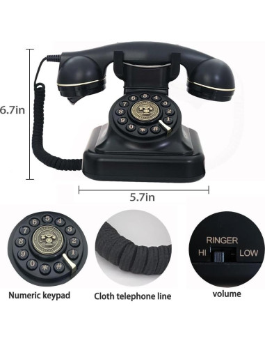 Teléfono Fijo Retro TelPal Negro 1930 con Botón de Re-dial