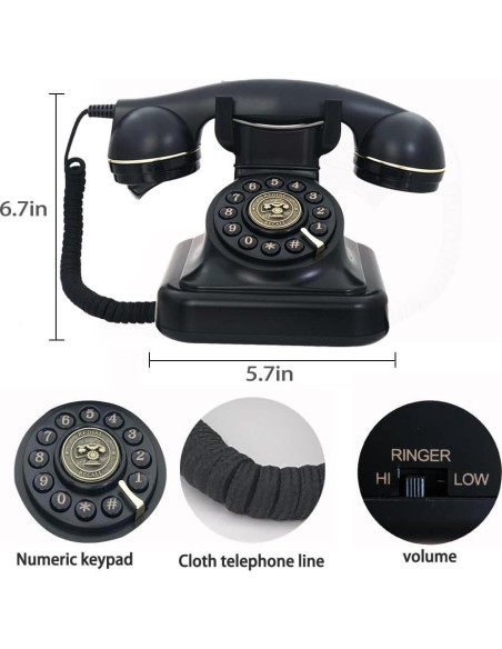 Teléfono Fijo Retro TelPal Negro 1930 con Botón de Re-dial