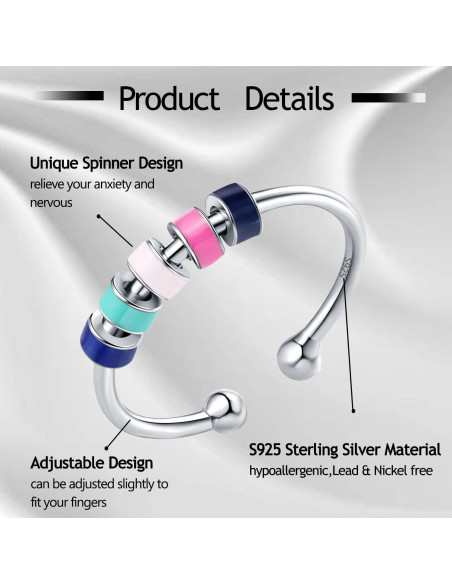 Anillo Fidget Antiansiedad WOSCCOWT Plata Esterlina S925 Azul