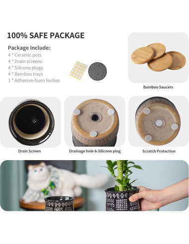 Macetas de Cerámica Vintage BABALIU 10 cm Juego de 4 con Plato