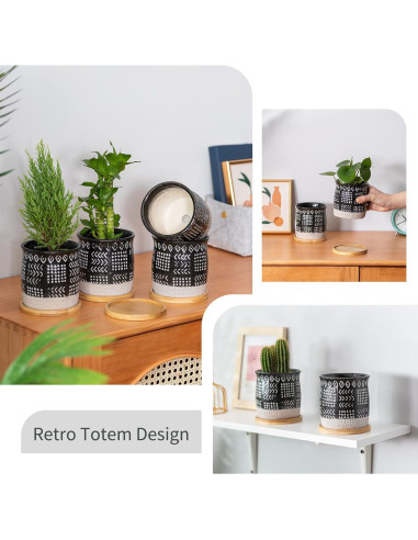 Macetas de Cerámica Vintage BABALIU 10 cm Juego de 4 con Plato