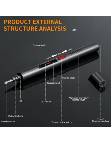 Mini destornillador eléctrico SDHYGJ CS0702A con luz LED