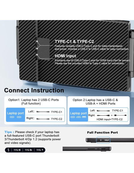 Monitor Portátil Triple 14" Laptomo 1080P FHD IPS USB-C