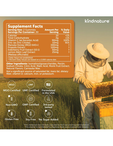 Gominolas de Miel de Manuka Kindnature 60 Unidades - Suplemento Inmunológico