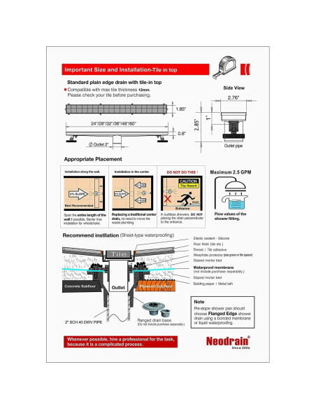 Drenaje Lineal de Ducha Neodrain 60.96 cm Acero Inoxidable
