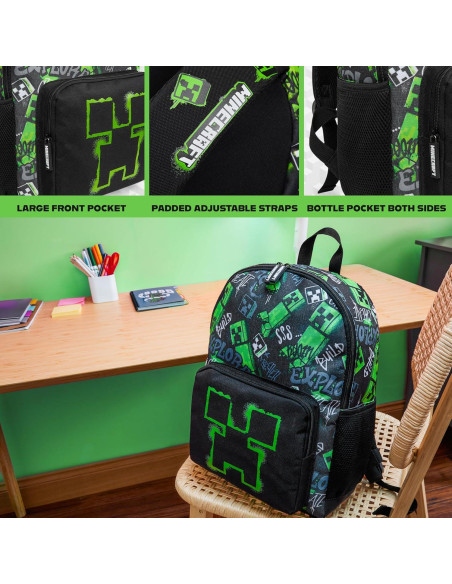 Mochila Minecraft Creeper para Niños 40x29x17cm Negra