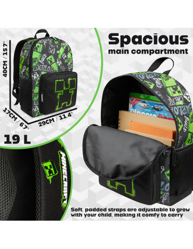 Mochila Minecraft Creeper para Niños 40x29x17cm Negra