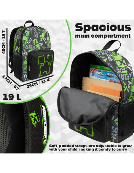 Mochila Minecraft Creeper para Niños 40x29x17cm Negra