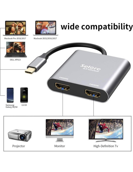 Adaptador USB C a Doble HDMI Selore&S-Global 4K 60Hz Adaptador USB C a Doble HDMI Selore&S-Global 4K 60Hz