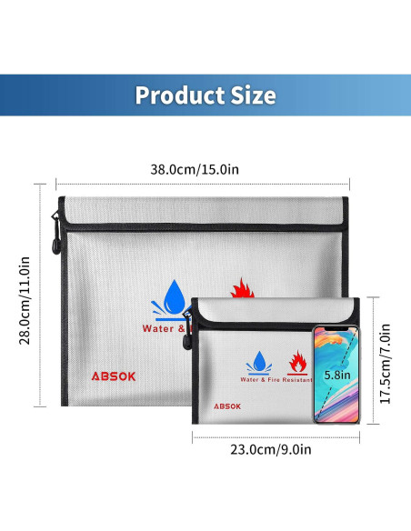 Bolsa a Prueba de Fuego ABSOK 15x11 cm y 9x7 cm Resistente