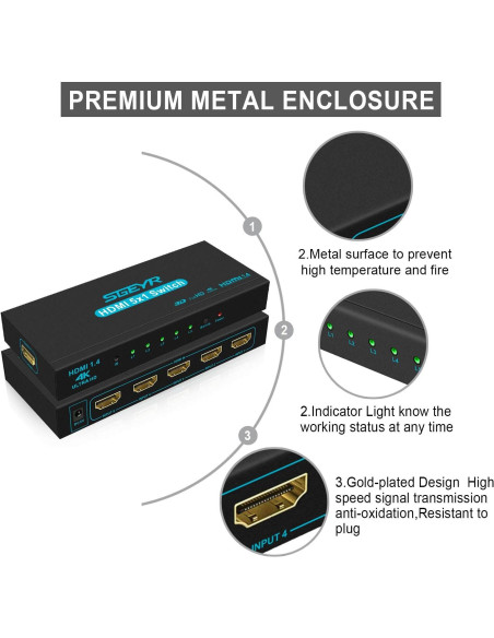 Conmutador HDMI SGEYR 5x1 4K 30Hz Control Remoto IR