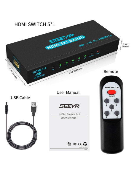 Conmutador HDMI SGEYR 5x1 4K 30Hz Control Remoto IR