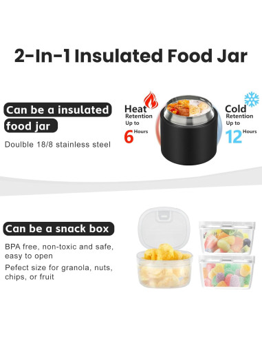 Tarro de Comida Aislado BEAQUEE 15oz 2-en-1 Negro