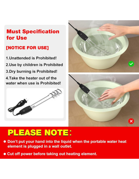 Calentador de Agua Inmerso JIOTAR 1000W 110V Portátil 10in