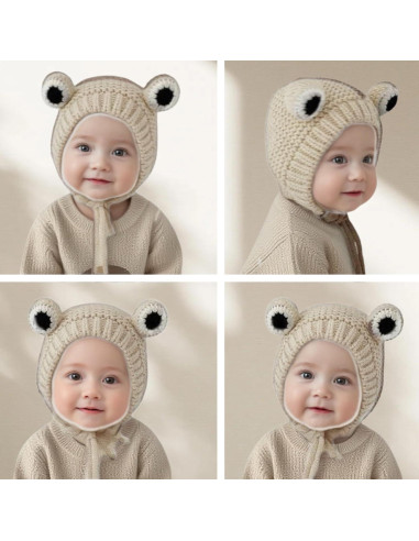 Gorro Beanie Rana Linda Tejido a Mano para Niños 46-52cm