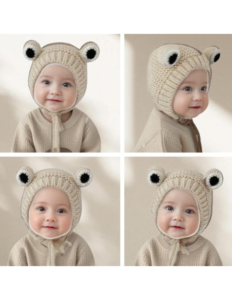 Gorro Beanie Rana Linda Tejido a Mano para Niños 46-52cm Gorro Beanie Rana Linda Tejido a Mano para Niños 46-52cm