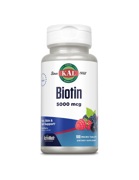 Tabletas de Biotina KAL 5000 mcg Sabor Frutos Mixtos 100 Unidades Tabletas de Biotina KAL 5000 mcg Sabor Frutos Mixtos 100 Unidades
