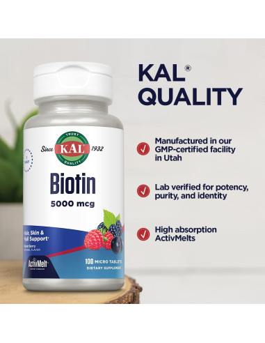 Tabletas de Biotina KAL 5000 mcg Sabor Frutos Mixtos 100 Unidades