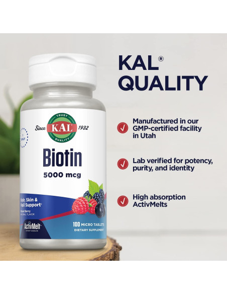 Tabletas de Biotina KAL 5000 mcg Sabor Frutos Mixtos 100 Unidades Tabletas de Biotina KAL 5000 mcg Sabor Frutos Mixtos 100 Unidades