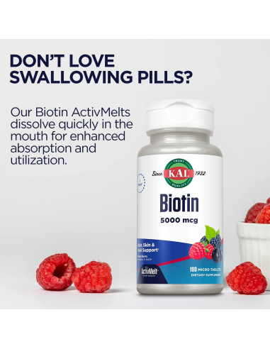 Tabletas de Biotina KAL 5000 mcg Sabor Frutos Mixtos 100 Unidades