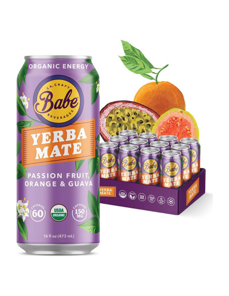 Babe Bebida Energética de Yerba Mate Orgánica 150mg Cafeína - Fruta de la Pasión, Naranja y Guayaba (12 x 473ml)