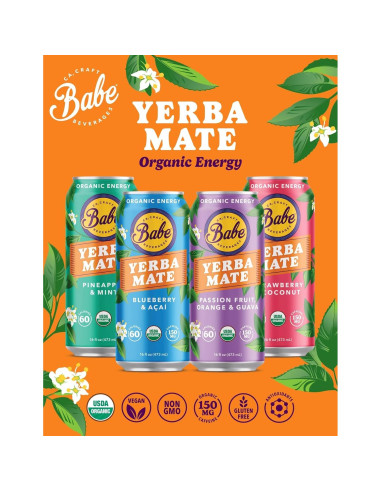 Babe Bebida Energética de Yerba Mate Orgánica 150mg Cafeína - Fruta de la Pasión, Naranja y Guayaba (12 x 473ml)
