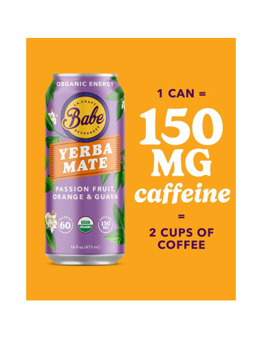 Babe Bebida Energética de Yerba Mate Orgánica 150mg Cafeína - Fruta de la Pasión, Naranja y Guayaba (12 x 473ml)
