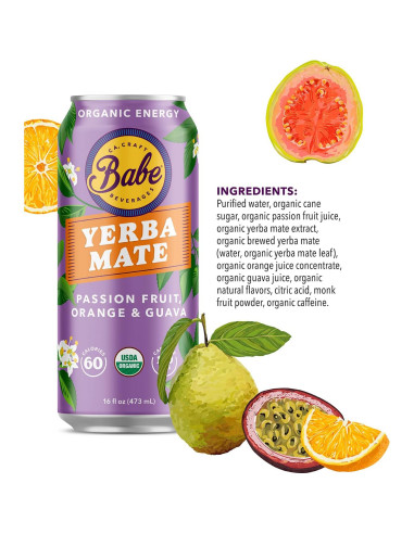 Babe Bebida Energética de Yerba Mate Orgánica 150mg Cafeína - Fruta de la Pasión, Naranja y Guayaba (12 x 473ml)