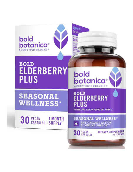 Bold Botanica Elderberry Plus - Extracto de Saúco Negro 30 Cápsulas Veganas con Zinc y Vitamina C