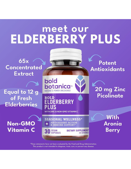 Bold Botanica Elderberry Plus - Extracto de Saúco Negro 30 Cápsulas Veganas con Zinc y Vitamina C