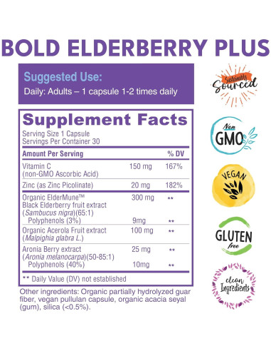 Bold Botanica Elderberry Plus - Extracto de Saúco Negro 30 Cápsulas Veganas con Zinc y Vitamina C