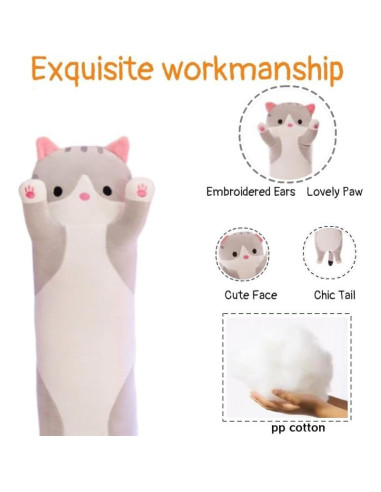 Almohada de Cuerpo de Gato de Peluche 110 cm Gris Genérico