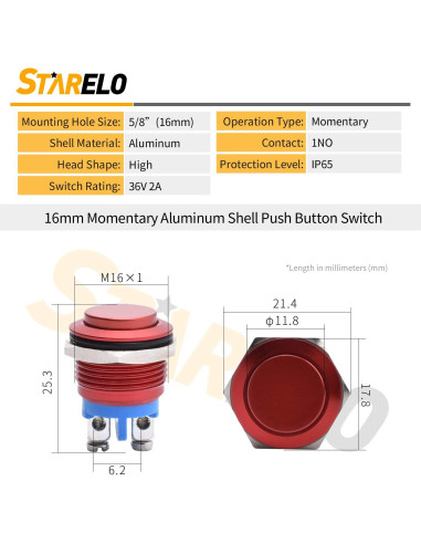 Interruptor de Botón Momentáneo STARELO 16mm Rojo 250V CA 5A