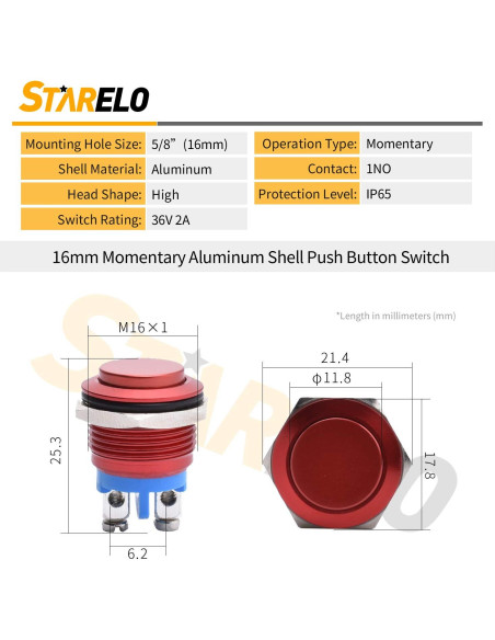 Interruptor de Botón Momentáneo STARELO 16mm Rojo 250V CA 5A