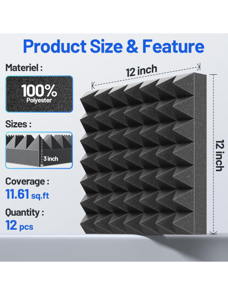 Paquete de 12 Paneles Acústicos Piramidales 7.62cm Negro Paquete de 12 Paneles Acústicos Piramidales 7.62cm Negro