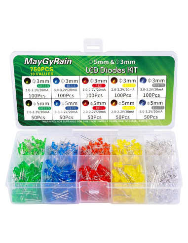 Kit de Diodos LED 3mm y 5mm Maygyrain 750 Piezas 10 Valores