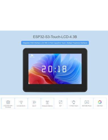 Placa de Desarrollo Waveshare ESP32-S3 4.3" Táctil RGB 800x480
