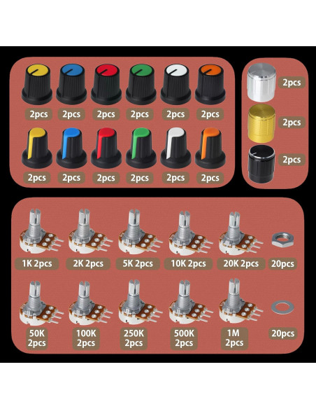 Kit de Potenciómetros 84pcs WH148 1K a 1M con Perillas