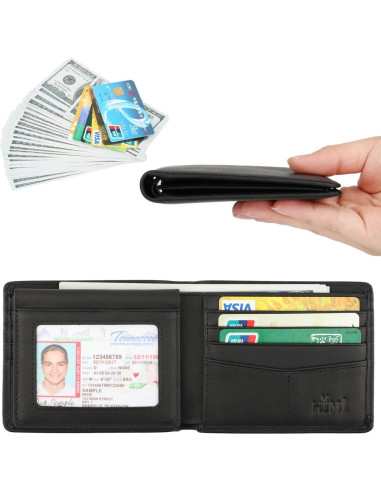 Billetera Bifold de Cuero Genuino Negro Vintage con Bloqueo RFID