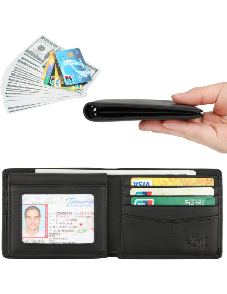 Billetera Bifold de Cuero Genuino Negro Vintage con Bloqueo RFID