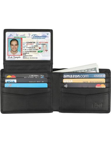 Billetera Bifold de Cuero Genuino Negro Vintage con Bloqueo RFID