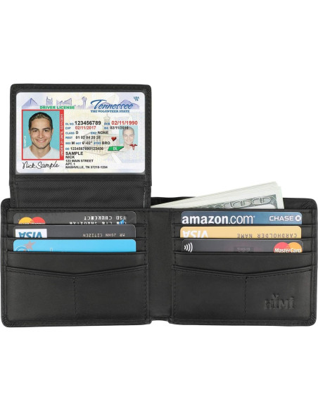 Billetera Bifold de Cuero Genuino Negro Vintage con Bloqueo RFID