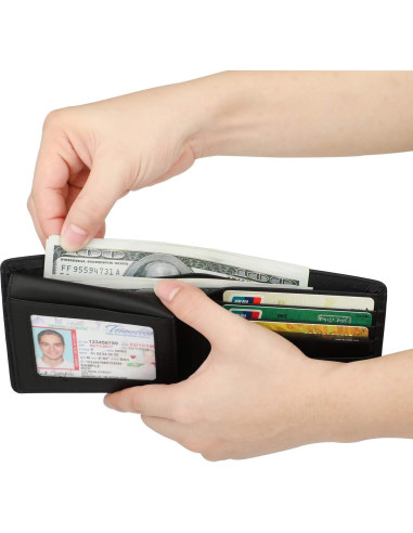 Billetera Bifold de Cuero Genuino Negro Vintage con Bloqueo RFID