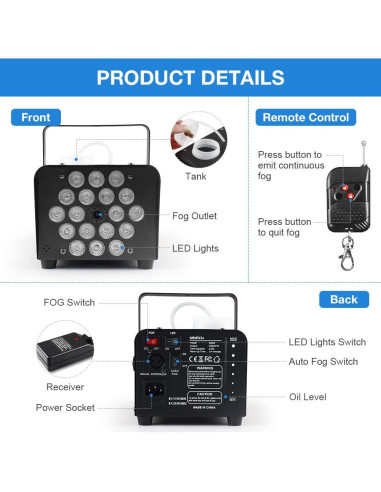 Máquina de Niebla MOSFiATA 600W con 18 Luces LED RGB