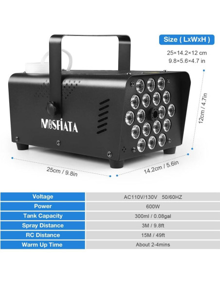 Máquina de Niebla MOSFiATA 600W con 18 Luces LED RGB