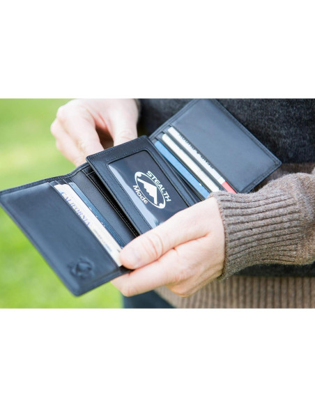 Billetera de cuero trifold Stealth Mode con bloqueo RFID Billetera de cuero trifold Stealth Mode con bloqueo RFID