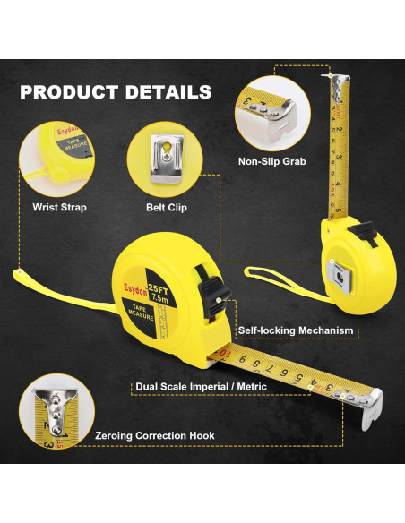 Cinta Métrica 2 Paquetes Esydon 7.5m y 5m Auto-Bloqueo