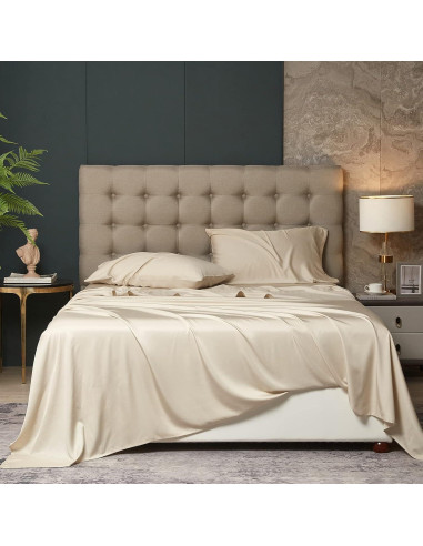 Juego de Sábanas Queen HYPREST Beige - Rayón de Bambú Suave