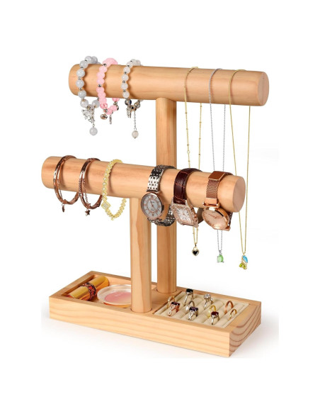Soporte de Joyería de Madera AJINGSHANG 2 Niveles Naturaleza